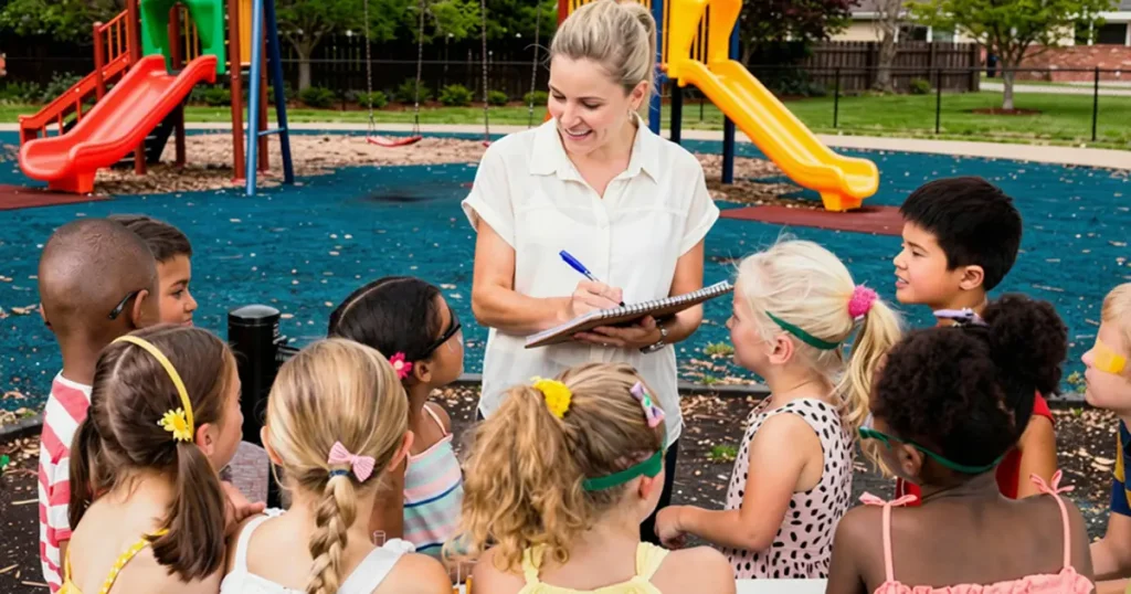 An illustration of a writer observing diverse children in various settings, taking notes and listening carefully, representing the habit of meticulous observation