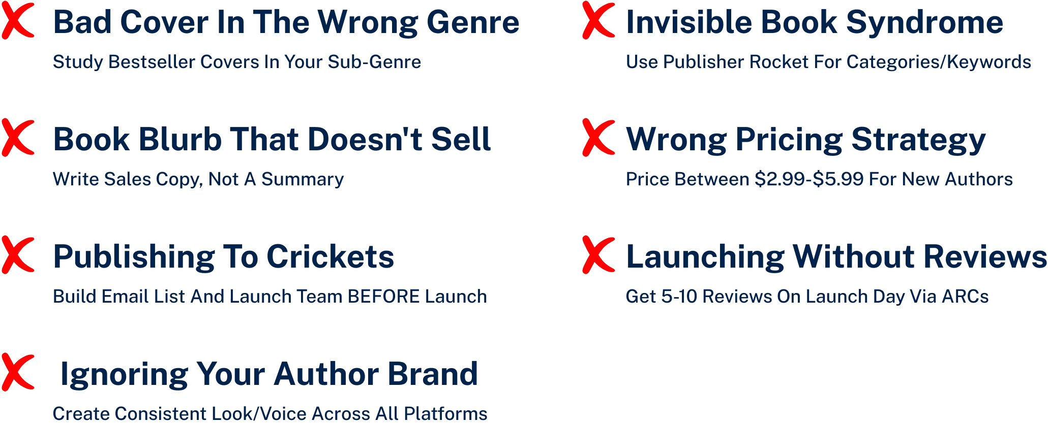 Checklist of 7 deadly publishing mistakes that kill book sales including bad cover design, wrong categories, poor book description, and no launch plan, with solutions for self-published authors