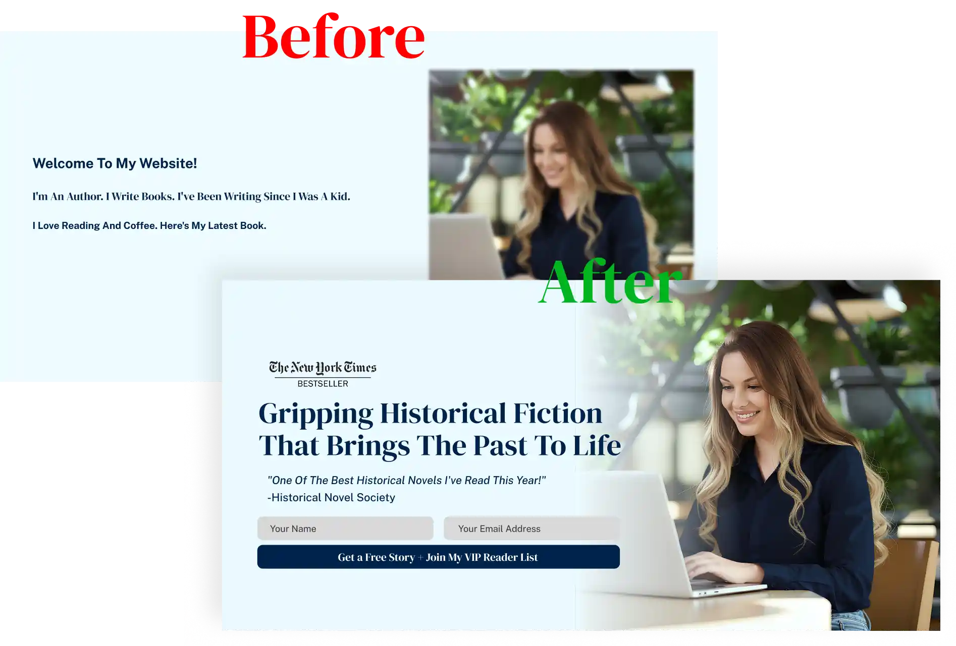 author website home page before after comparison formula