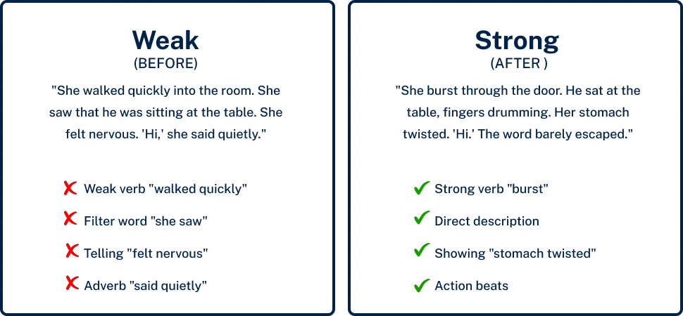before after editing example show don’t tell strong verbs