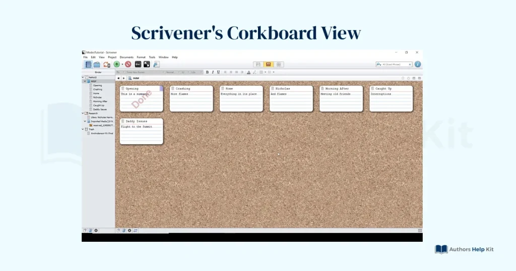 Scrivener corkboard view showing virtual index cards for scene-by-scene novel outlining and organization