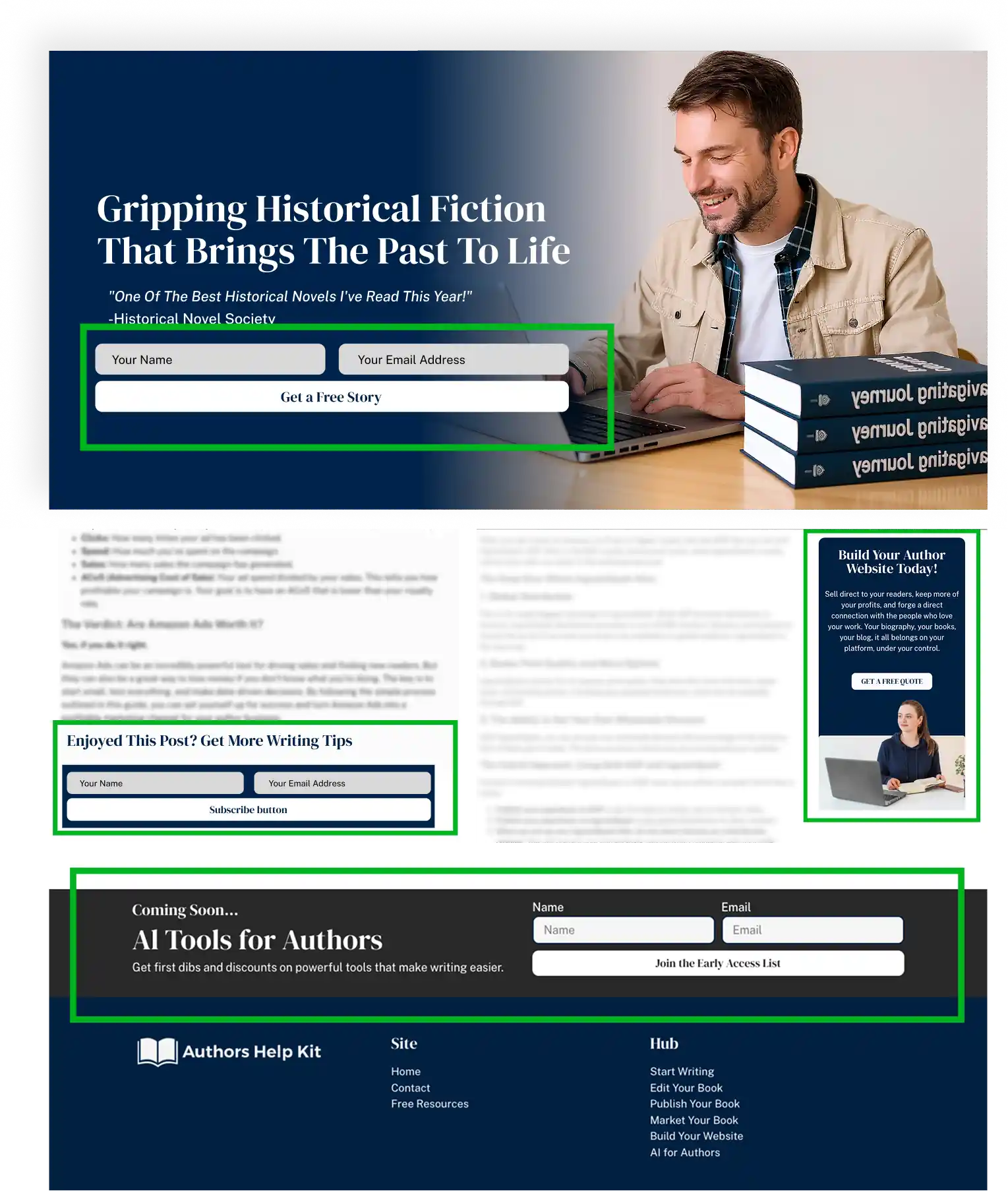 Email opt-in placement strategy for author websites showing optimal locations including header, home page, blog posts, sidebar, footer, and dedicated landing pages for maximum email list growth