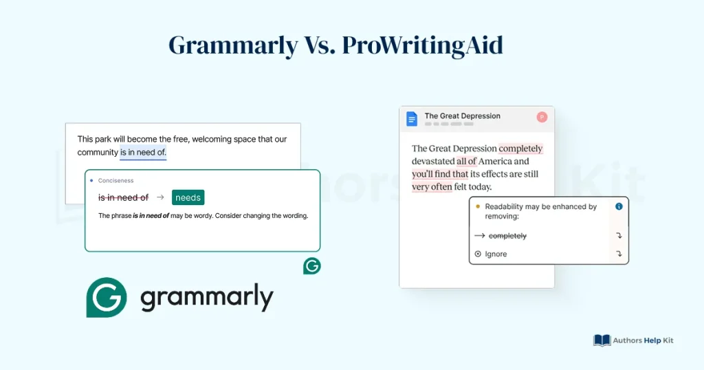 Side-by-side comparison of Grammarly and ProWritingAid grammar checkers showing editing suggestions for fiction writing