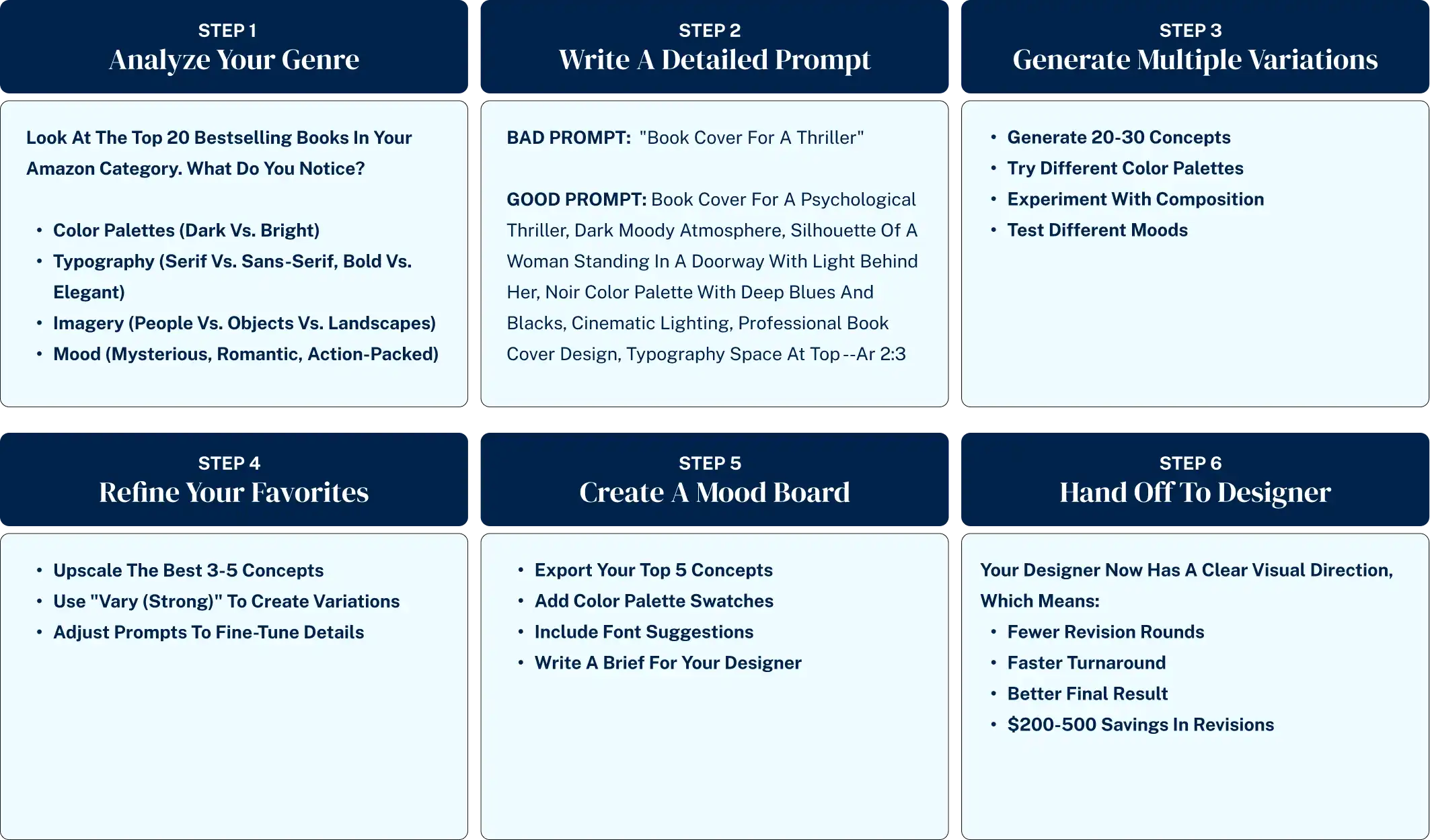 Step-by-step tutorial for using Midjourney AI to create book cover concepts for authors including prompt examples for romance, fantasy, and thriller genres with mood board creation guide