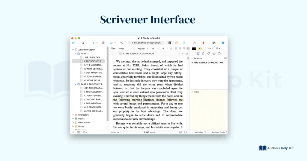 scrivener interface manuscript view