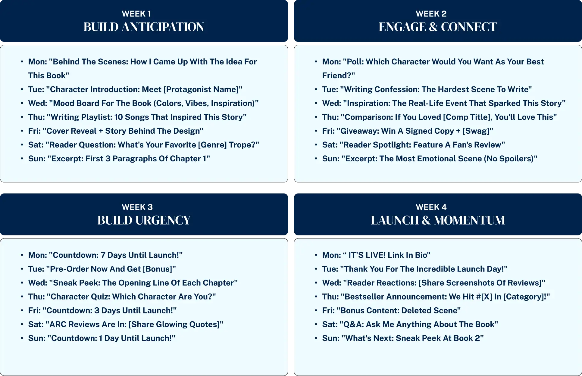 AI-generated social media content calendar for book launch showing 30 days of post ideas including behind-the-scenes content, character introductions, excerpts, polls, giveaways, and countdown posts