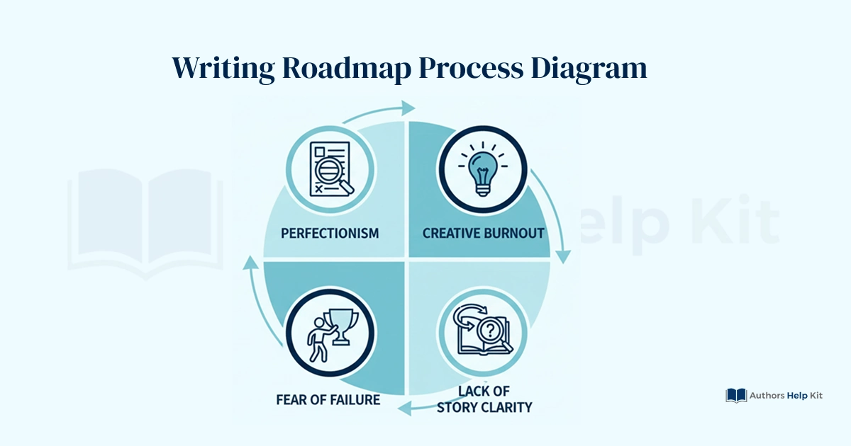 Diagram showing the four main causes of writer's block: fear of failure, perfectionism, lack of story clarity, and creative burnout