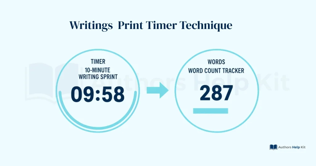 10-minute writing sprint timer showing countdown clock and word count tracker for building writing momentum